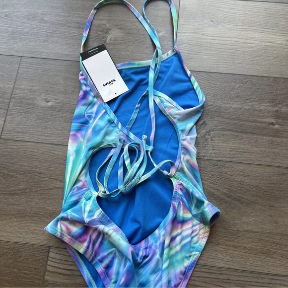 Nike Women's 36 HydraStrong Print Lace Up Tie Back One Piece Swimsuit Blue - Picture 6 of 6